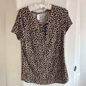 No Boundaries Leopard Print Lace-Up Short Sleeve Top - Tan/Black